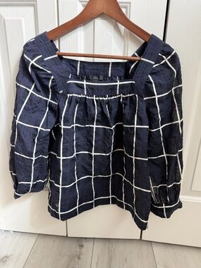 J. Crew Navy and White Windowpane Blouse